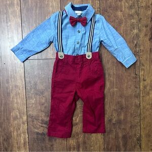 3 piece baby 12 mth set-red suspender pant, blue long sleeve onsie, red bow tie